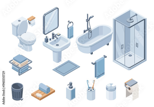 Isometric bathroom objects collection including bathtub, shower, toilet, sink, and accessories