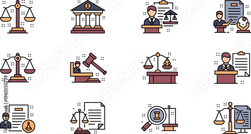 Legal Services Flat Icon Set Featuring Lawyer Court Justice Scales Gavel Contract and Law Firm Symbols for Professional Business Vector Design