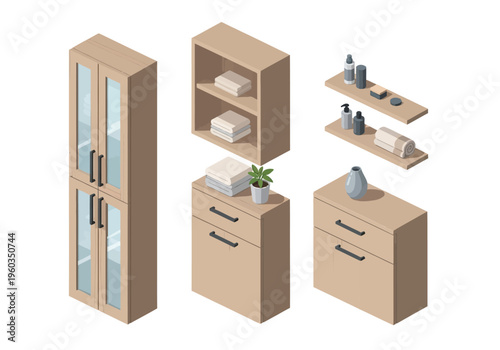 Isometric wooden furniture set with storage cabinets, shelves, and decorative items on white background