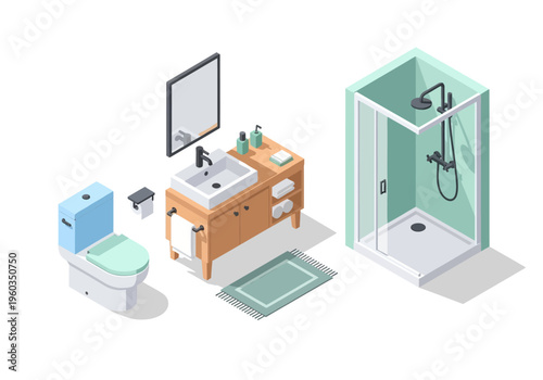 Isometric bathroom set with toilet, vanity, and shower cabin