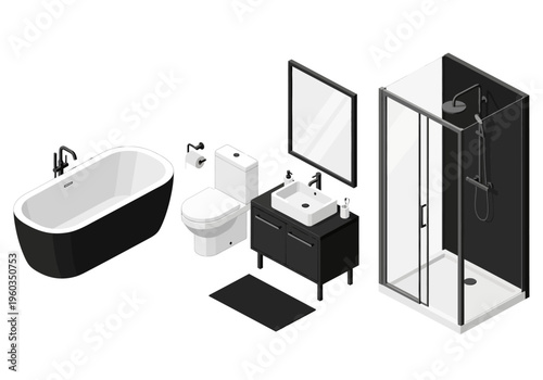 Bathroom furniture isometric set bathtub, toilet, sink and shower cabin for interior design