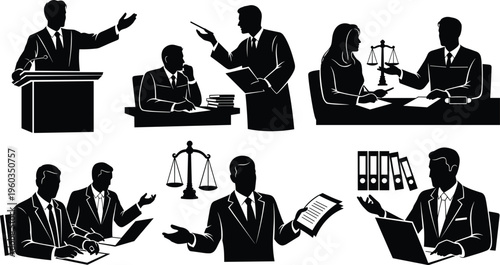 Lawyer and Legal Consultation Silhouette Set Featuring Courtroom Presentation Contract Discussion and Justice Scale Symbols Black Vector Illustration Collection