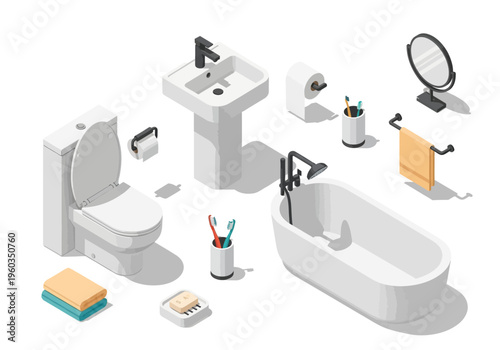 Isometric bathroom elements toilet, bathtub, sink, mirror, and accessories