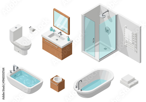 Isometric Bathroom Elements Toilet, Bathtub, Shower, Sink, and Towel Rack
