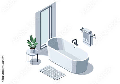 Modern minimalist bathroom interior design with bathtub, mirror, and plant