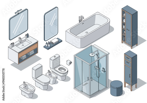 Isometric bathroom furniture set with bathtub, shower, sink, bidet, toilet, and storage cabinet