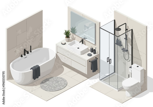 Isometric illustration of a modern bathroom featuring a bathtub, sink, and shower cabin