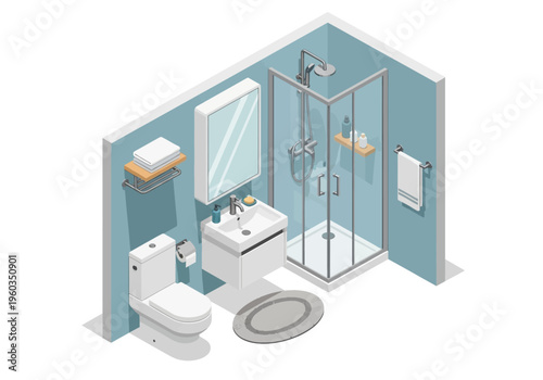 Isometric view of a modern, clean, and well-equipped bathroom interior design with essential fixtures