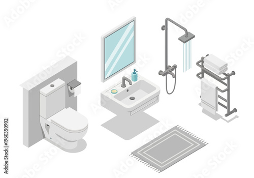 Isometric bathroom set with toilet, sink, shower, and accessories, clean and modern design