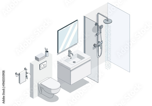 Isometric illustration of a modern white bathroom with shower, toilet, and sink