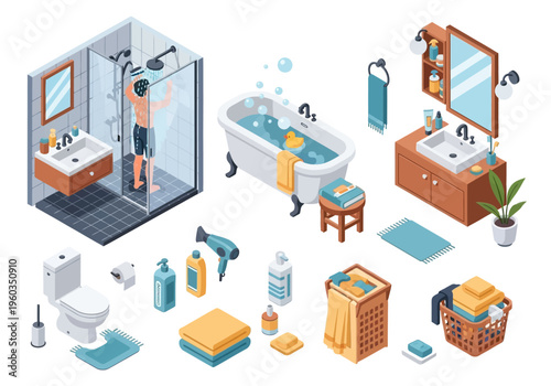 Isometric bathroom elements and a person showering with various sanitary and hygiene items and accessories