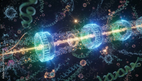 Advanced Molecular Structures Flowing with Bright Light and Abstract Cellular Elements