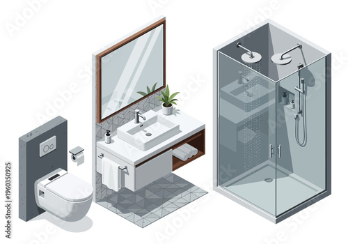 Isometric Bathroom Set Featuring Toilet, Sink, and Shower Stall