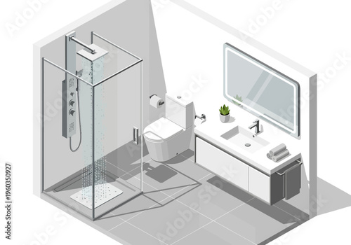 Isometric view of a modern bathroom with shower, toilet, and vanity