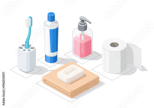 Personal hygiene and bathroom essentials including toothbrush, toothpaste, soap, towel, and toilet paper