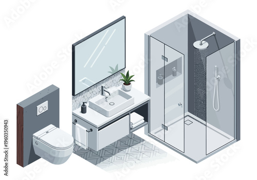 Modern Bathroom Fixtures Including Toilet, Vanity, Sink, and Shower Stall