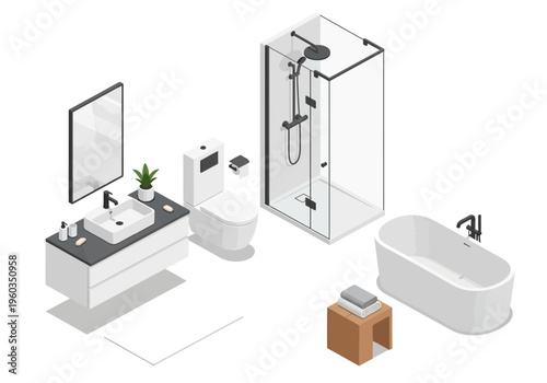 Modern bathroom isometric illustration featuring bathtub, toilet, and shower