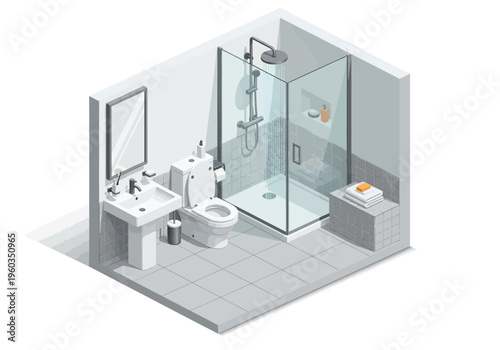 Modern Isometric Bathroom Design with Shower, Toilet, and Sink