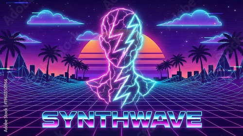 Synthwave Neon Bust In Abstract Retro Digital Landscape With Palm Trees And Grid
