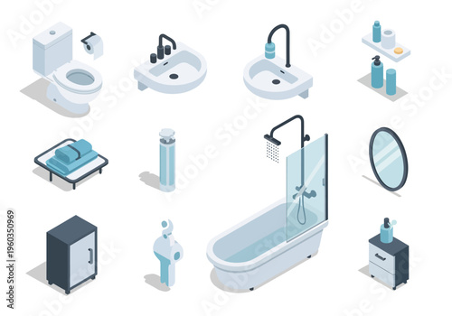 Collection of modern bathroom fixtures and accessories, including a shower, bathtub, toilets, and vanity, displayed in a minimalist isometric view