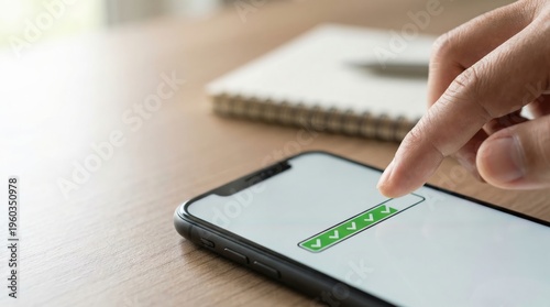 Wallpaper Mural A close-up of a finger tapping a green checkmark progress bar on a smartphone screen over a wooden desk. Torontodigital.ca