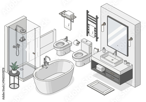 Modern Isometric Bathroom Suite with Bathtub, Shower, Toilet, and Sink Elements