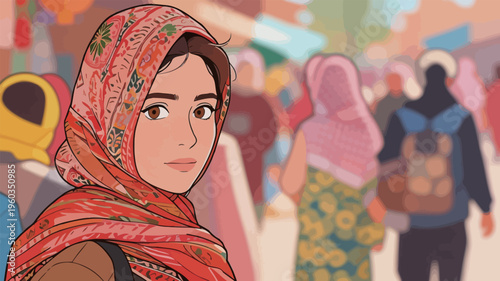 Young woman wearing a scarf stands in a busy market street surrounded by people in a vibrant setting during the day