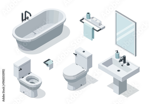 Isometric bathroom set with bathtub, toilet, sink, mirror, and accessories