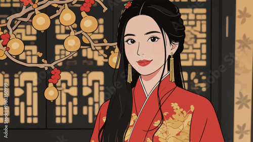 Woman in traditional dress stands in front of decorative elements during a cultural festival in an indoor setting