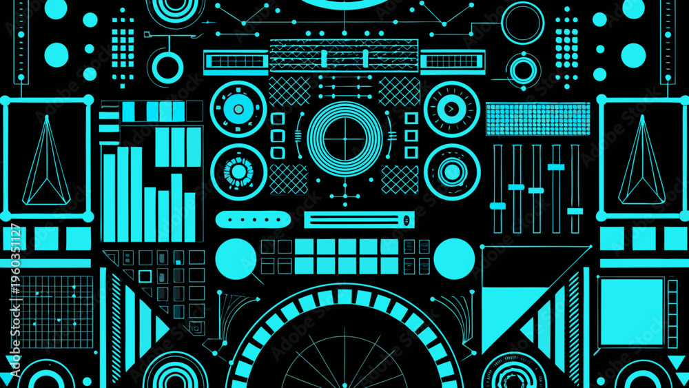 Fototapeta premium Abstract geometric pattern with cyan shapes on a black background