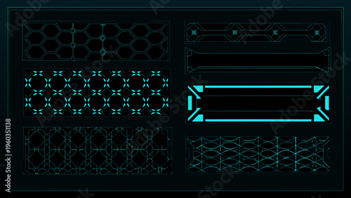 Geometric patterns and futuristic design elements in cyan on black