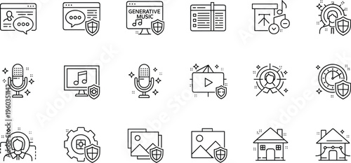 AI Technology and Security Line Icon Set Featuring Chatbot Music Generation Voice Video Image Creation and Smart Automation Symbols for UI Design