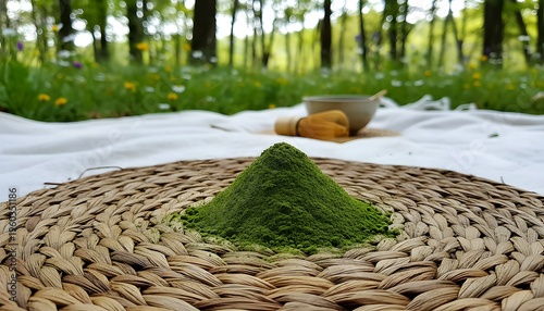 Vibrant Green Matcha Powder Piled On A Woven Mat In A Serene Outdoor Setting With Tea Ceremony Tools
