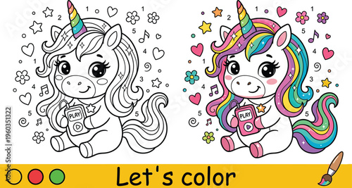 Educational Color By Number Unicorn Activity Page For Kids Featuring Cute Character Listening To Music With MP3 Player.