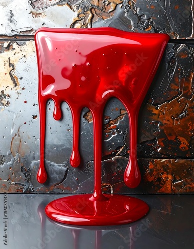 Viscous Red Liquid Dripping Down a Textured Surface.