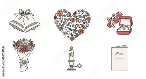 Illustration of Valentine's Day themed icons including a gift book, bouquet, heart with flowers, lit candle, jewelry box, and card on a white background with a romantic mood.