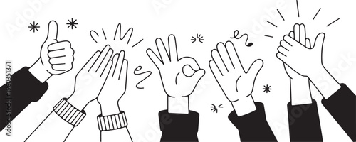 Applauding Hands Gestures: A monochrome illustration of various hands demonstrating the art of applause, thumbs up, and the OK sign, symbolizing approval and appreciation.