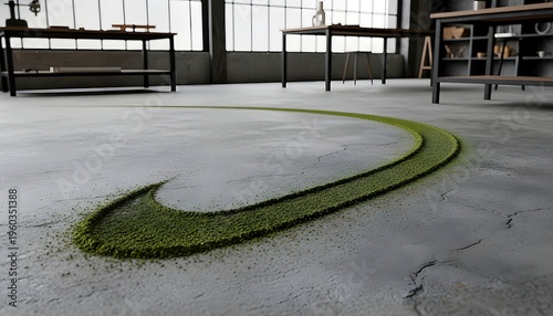 Matcha Green Tea Powder Trail On Modern Concrete Floor In Minimalist Studio Space