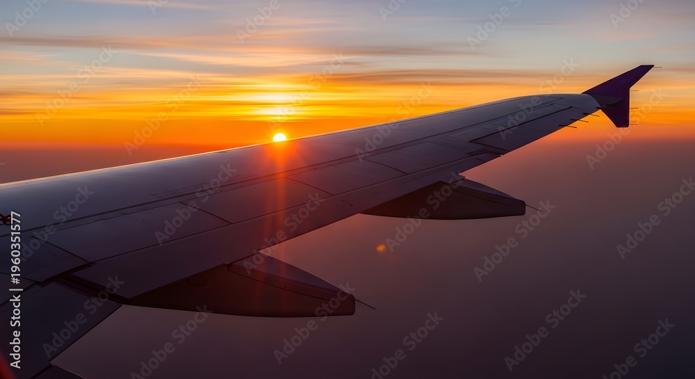 Fototapeta premium Airplane Wing Against a Vibrant Sunset Sky During Flight.