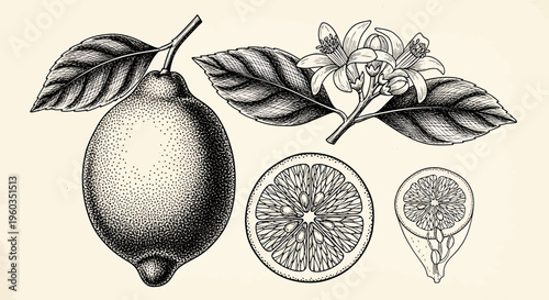 Hand drawn lemon fruit, branch with flowers and leaves, and sliced lemon segments botanical illustration of citrus plant, vintage sketch style