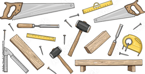 Hand Drawn Carpentry Tools and Wooden Planks Vector Set Featuring Saw Hammer Chisel Ruler Nails and Woodworking Equipment Illustration
