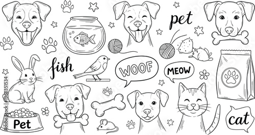 Large collection of hand drawn black ink pet doodles featuring dogs cats fish rabbits and birds with toys and food for veterinary branding and animal care projects