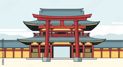 Traditional japanese temple gate with a red torii archway, architectural illustration of a historic shinto shrine building with tiered roofs and yellow walls against a pale sky