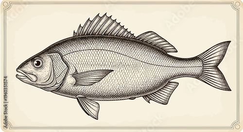 Vintage engraving illustration of a fish, handdrawn sketch style, detailed aquatic animal drawing for culinary or scientific design