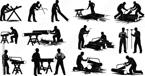Woodworking Silhouette Workers Set with Carpentry Cutting Techniques Using Hand Saw and Timber Logs Featuring Lumber Work and Manual Labor Black Vector Illustration