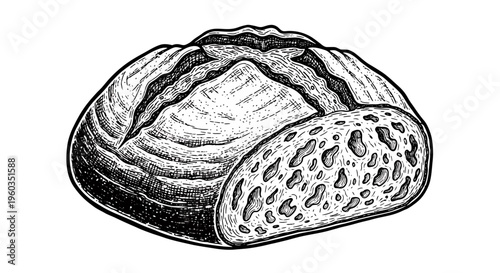 Hand drawn sourdough bread loaf with a slice, vector illustration of rustic bread, bakery product, engraved style