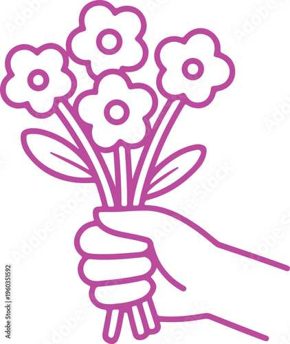 Hand Holding a Bouquet of Flowers: A simple, elegant line illustration depicts a hand gracefully clutching a charming bouquet of flowers, evoking a sense of gift-giving or appreciation.