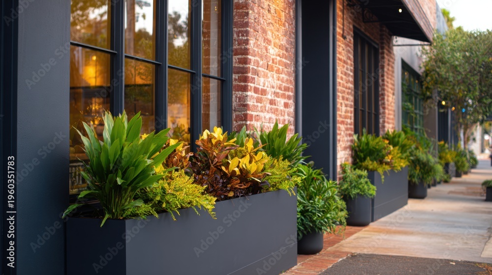 Fototapeta premium A vibrant display of Lush plants in modern planters along a quaint brick storefront