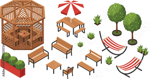 Large collection of isometric garden furniture including wooden gazebo picnic table with umbrella park benches and hammocks for backyard landscaping and outdoor living design