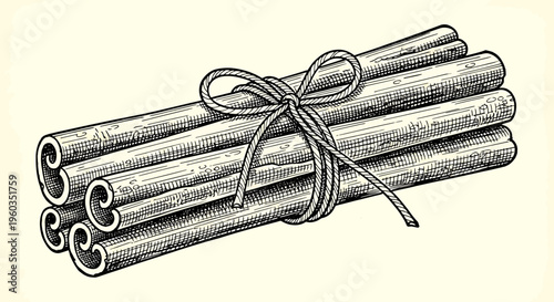 Hand drawn cinnamon sticks bundle tied with a rope vector illustration of aromatic spice sticks in vintage engraved style